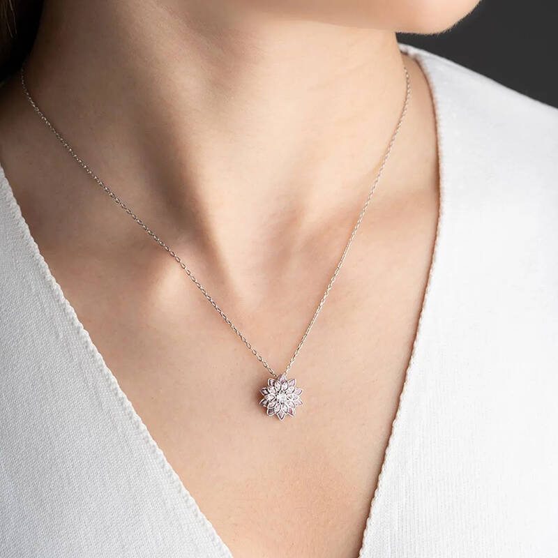 Vaoov 925 Ayar Gümüş Pembe Taşlı Lotus Hediye Kolye - 3