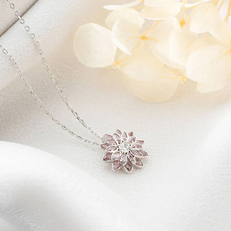 Vaoov 925 Ayar Gümüş Pembe Taşlı Lotus Hediye Kolye - 4