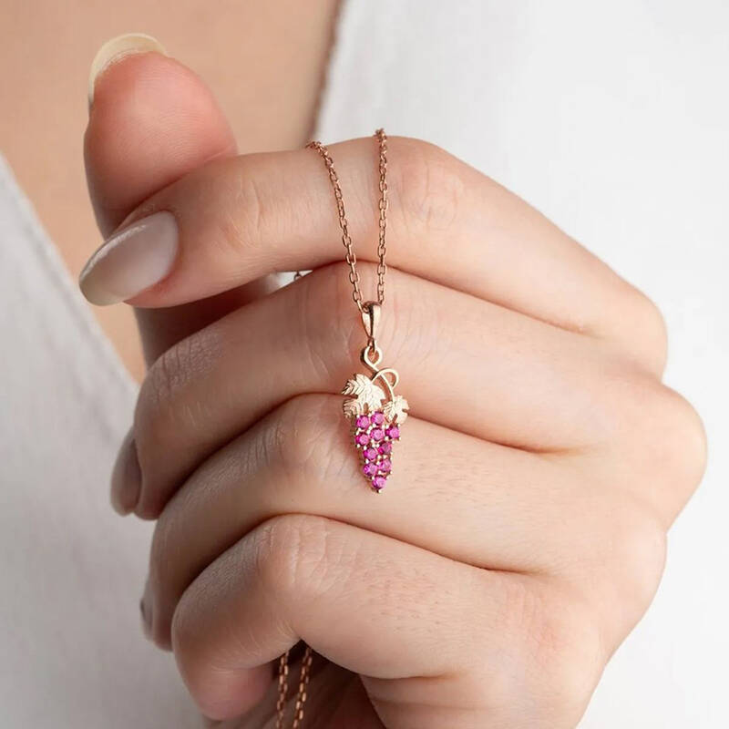 Vaoov 925 Ayar Gümüş Pembe Taşlı Üzüm Kolye - 1