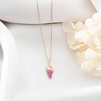 Vaoov 925 Ayar Gümüş Pembe Taşlı Üzüm Kolye - 2