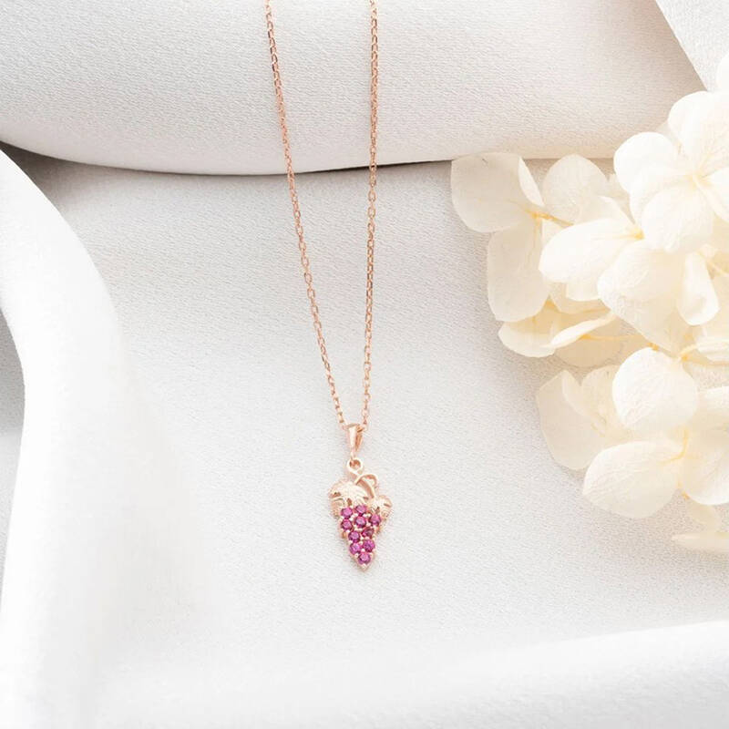 Vaoov 925 Ayar Gümüş Pembe Taşlı Üzüm Kolye - 2