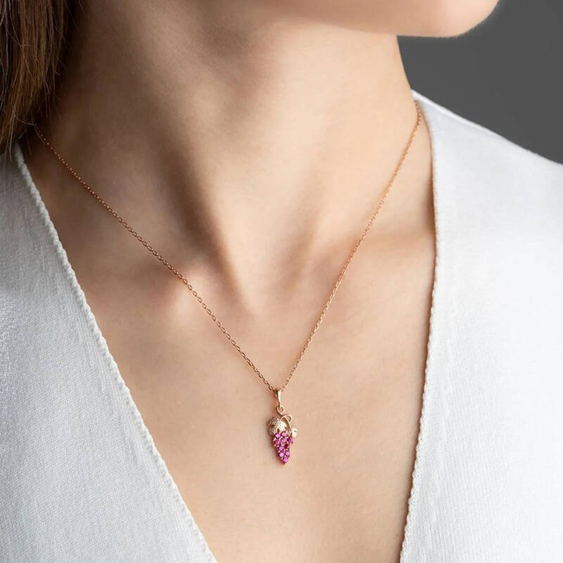 Vaoov 925 Ayar Gümüş Pembe Taşlı Üzüm Kolye - 3