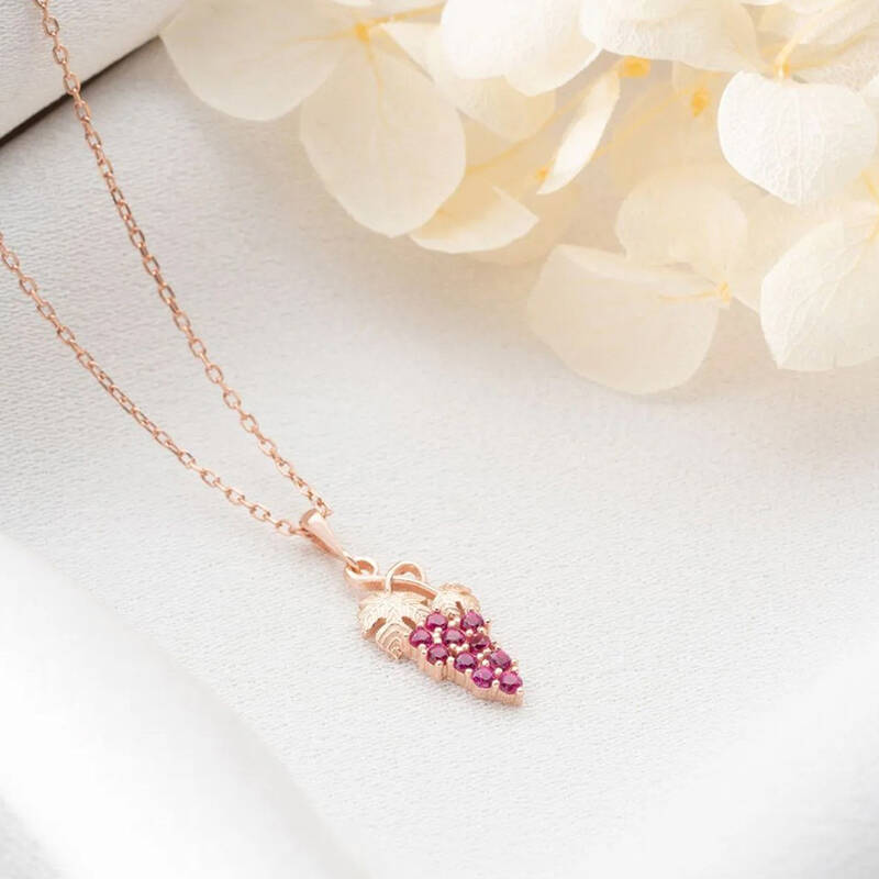 Vaoov 925 Ayar Gümüş Pembe Taşlı Üzüm Kolye - 4