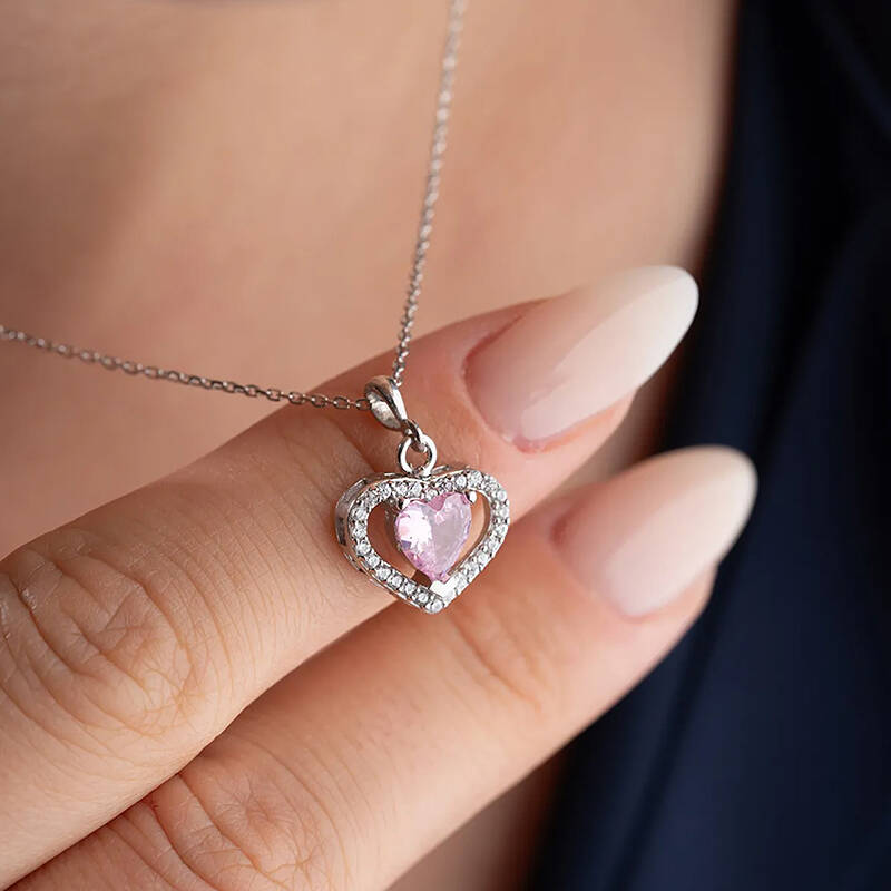 Vaoov 925 Ayar Gümüş Pembe Zirkon Taşlı Kalp Hediye Kolye - 1