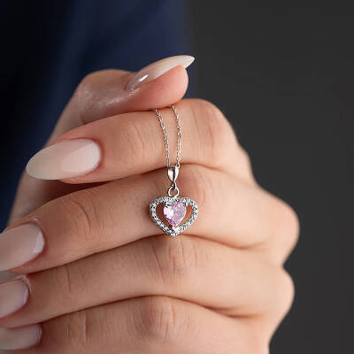Vaoov 925 Ayar Gümüş Pembe Zirkon Taşlı Kalp Hediye Kolye - 2