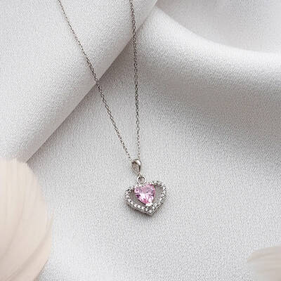 Vaoov 925 Ayar Gümüş Pembe Zirkon Taşlı Kalp Hediye Kolye - 3
