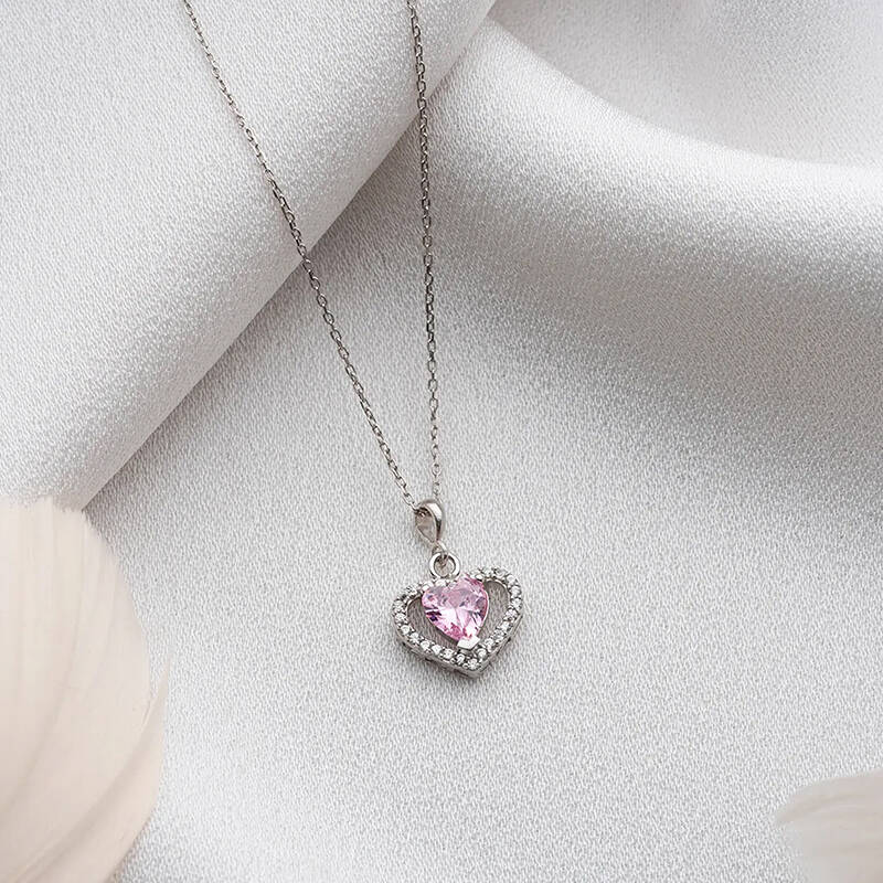Vaoov 925 Ayar Gümüş Pembe Zirkon Taşlı Kalp Hediye Kolye - 3
