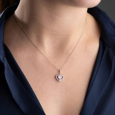 Vaoov 925 Ayar Gümüş Pembe Zirkon Taşlı Kalp Hediye Kolye - 4