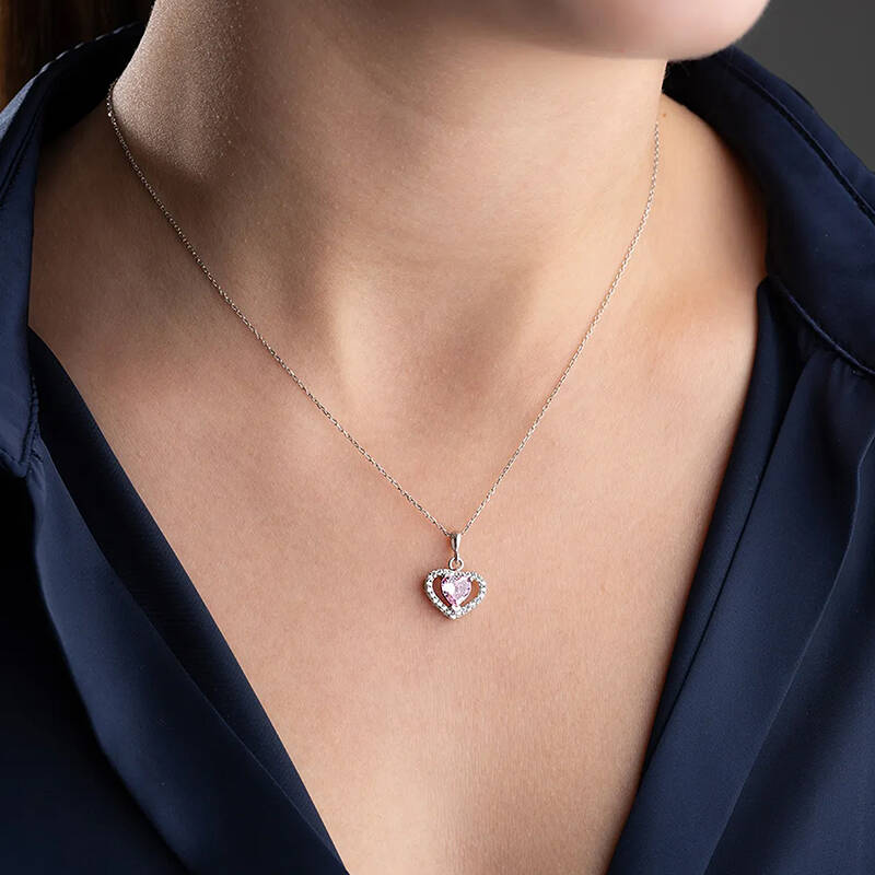 Vaoov 925 Ayar Gümüş Pembe Zirkon Taşlı Kalp Hediye Kolye - 4