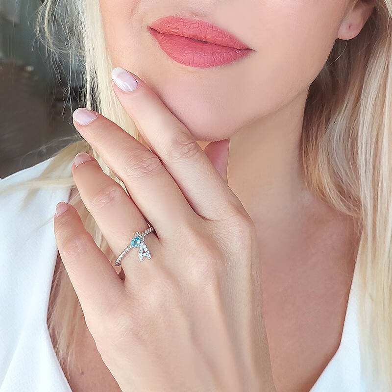 Vaoov 925 Ayar Gümüş Renkli Taşlı Harf Yüzük - 3