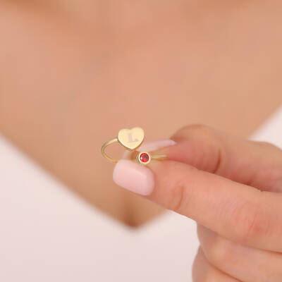 Vaoov 925 Ayar Gümüş Renkli Taşlı Harfli Kalp Yüzük - 2