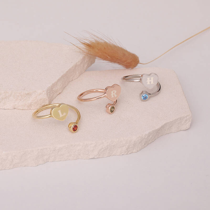 Vaoov 925 Ayar Gümüş Renkli Taşlı Harfli Kalp Yüzük - 3