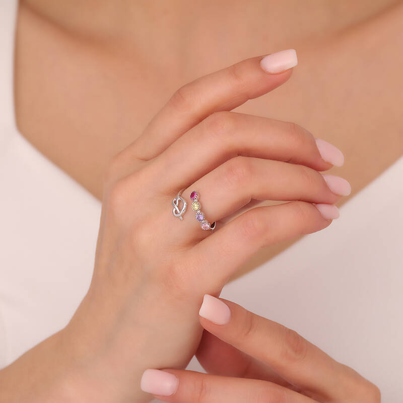 Vaoov 925 Ayar Gümüş Renkli Taşlı Kalp ve Sonsuzluk Yüzük - 1