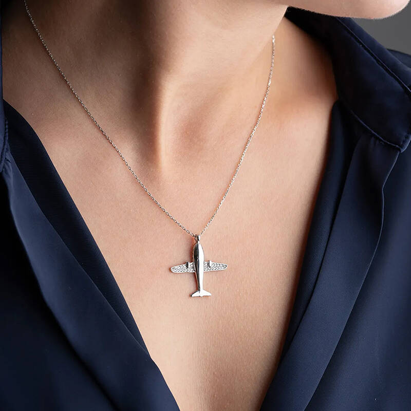 Vaoov 925 Ayar Gümüş Rodyum Kaplama Uçak Kolye - 4