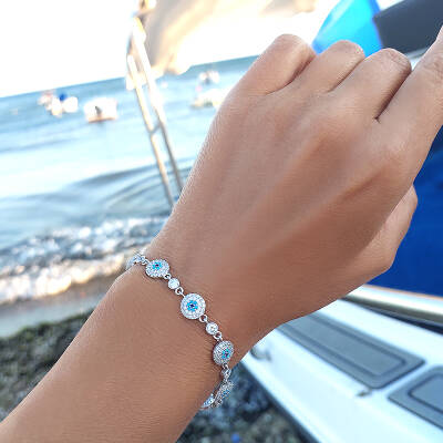 Vaoov 925 Ayar Gümüş Rodyumlu Çoklu Nazar Bileklik - 3