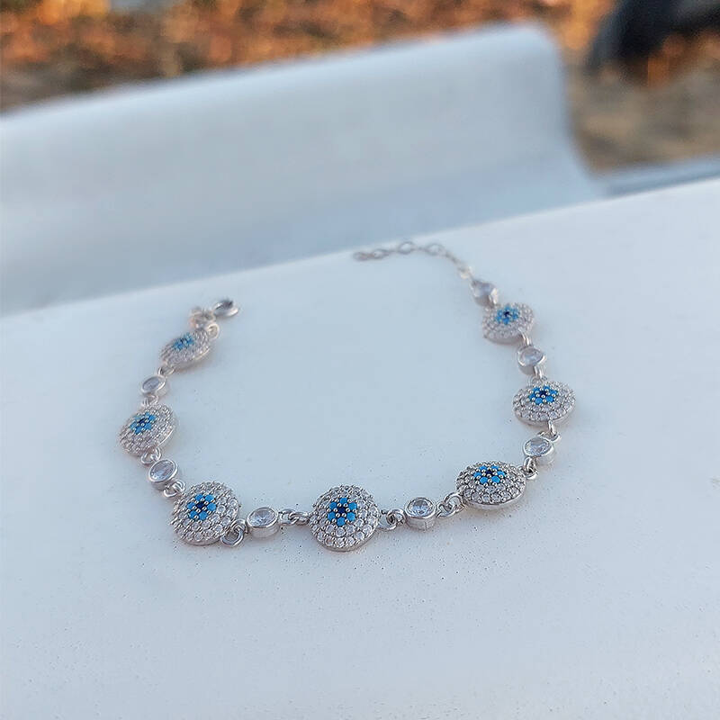 Vaoov 925 Ayar Gümüş Rodyumlu Çoklu Nazar Bileklik - 5