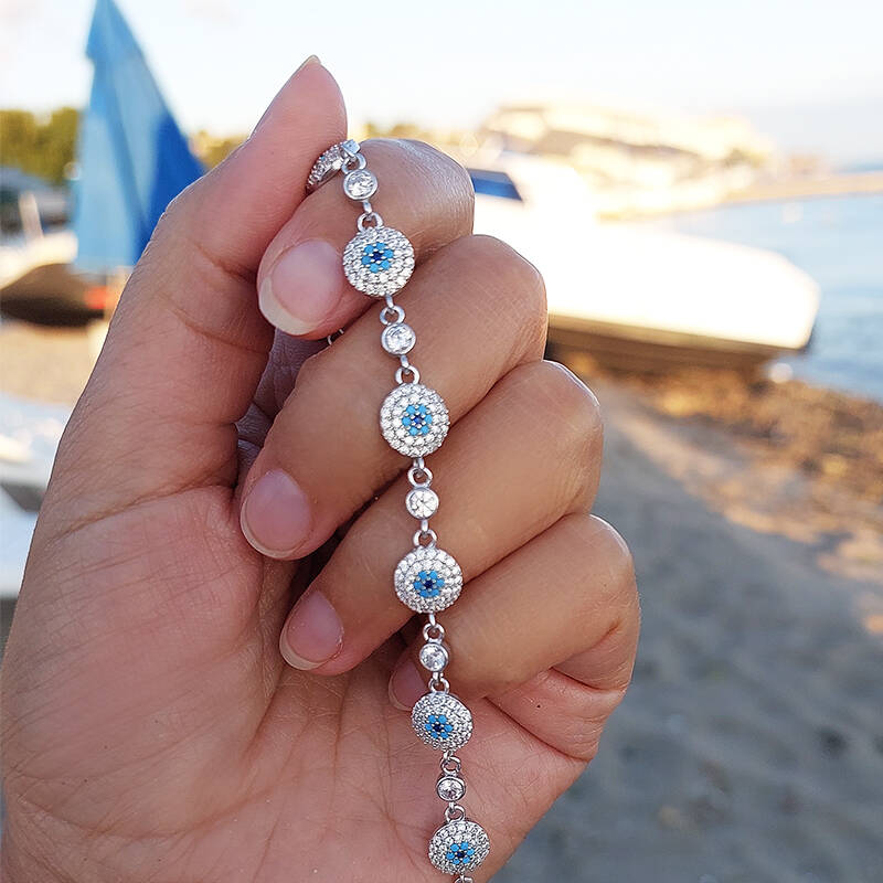 Vaoov 925 Ayar Gümüş Rodyumlu Çoklu Nazar Bileklik - 6