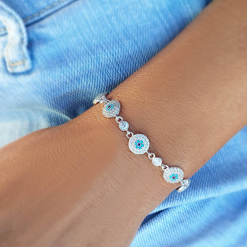 Vaoov 925 Ayar Gümüş Rodyumlu Çoklu Nazar Bileklik - 7