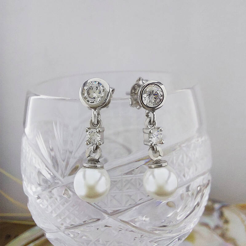 Vaoov 925 Ayar Gümüş Sallantılı Taşlı İnci Küpe - 2