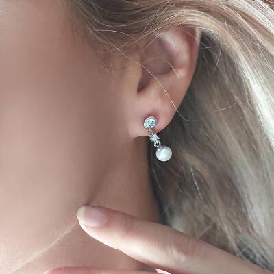 Vaoov 925 Ayar Gümüş Sallantılı Taşlı İnci Küpe - 3