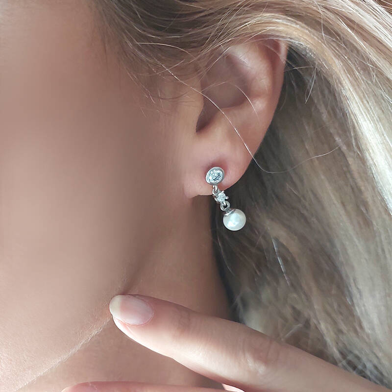 Vaoov 925 Ayar Gümüş Sallantılı Taşlı İnci Küpe - 3