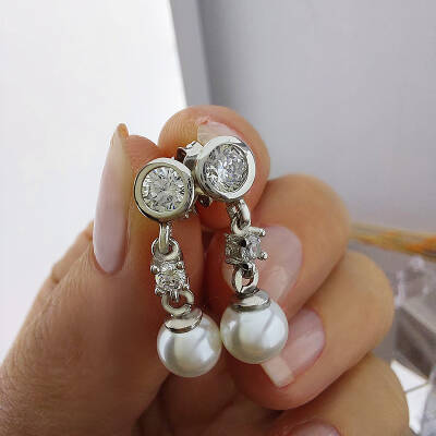 Vaoov 925 Ayar Gümüş Sallantılı Taşlı İnci Küpe - 4