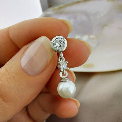 Vaoov 925 Ayar Gümüş Sallantılı Taşlı İnci Küpe - 6