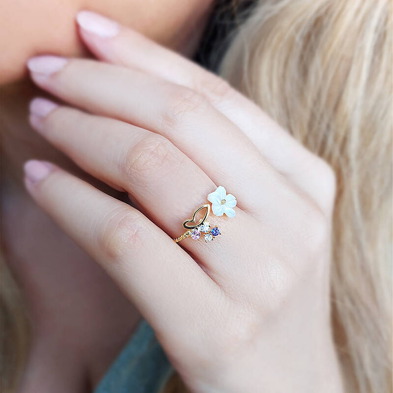 Vaoov 925 Ayar Gümüş Sedef Çiçekli Taşlı Bayan Yüzük - 1