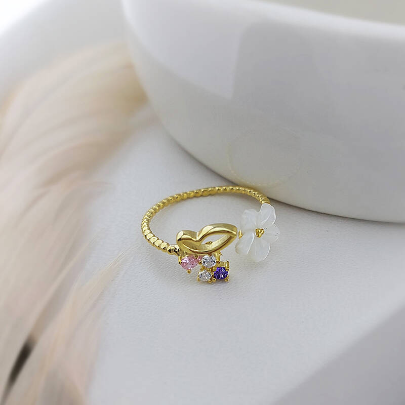 Vaoov 925 Ayar Gümüş Sedef Çiçekli Taşlı Bayan Yüzük - 2