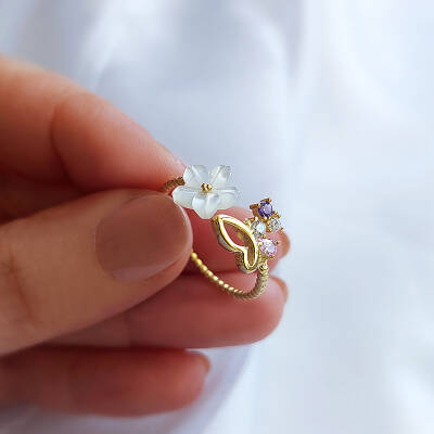 Vaoov 925 Ayar Gümüş Sedef Çiçekli Taşlı Bayan Yüzük - 3