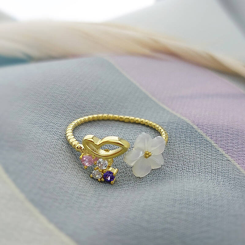 Vaoov 925 Ayar Gümüş Sedef Çiçekli Taşlı Bayan Yüzük - 4