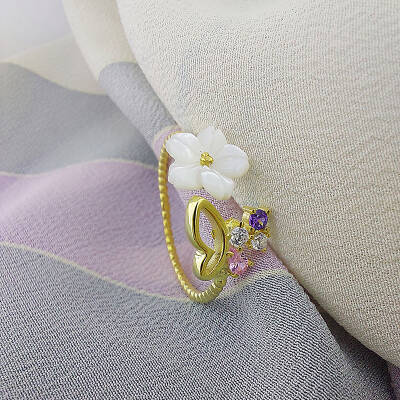 Vaoov 925 Ayar Gümüş Sedef Çiçekli Taşlı Bayan Yüzük - 5