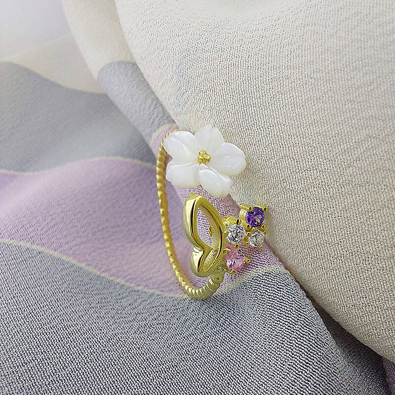 Vaoov 925 Ayar Gümüş Sedef Çiçekli Taşlı Bayan Yüzük - 5