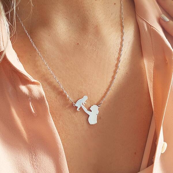 Vaoov 925 Ayar Gümüş Singapur Zincirli Anne Bebek Kolyesi - 1