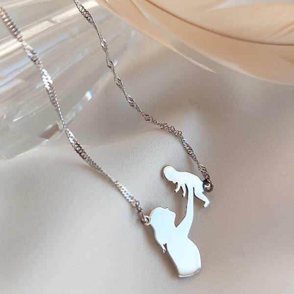 Vaoov 925 Ayar Gümüş Singapur Zincirli Anne Bebek Kolyesi - 2