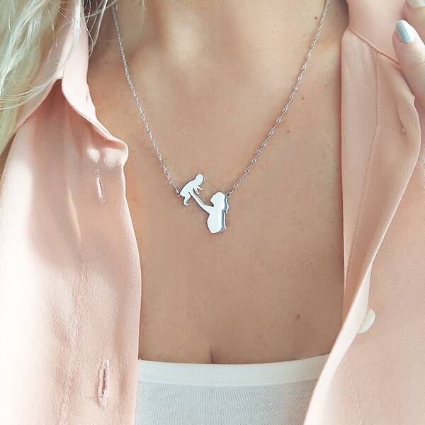 Vaoov 925 Ayar Gümüş Singapur Zincirli Anne Bebek Kolyesi - 3