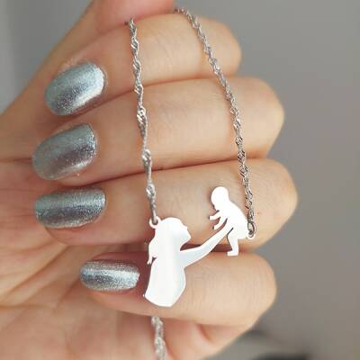 Vaoov 925 Ayar Gümüş Singapur Zincirli Anne Bebek Kolyesi - 4