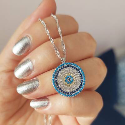 Vaoov 925 Ayar Gümüş Singapur Zincirli Nazar Kolye - 3