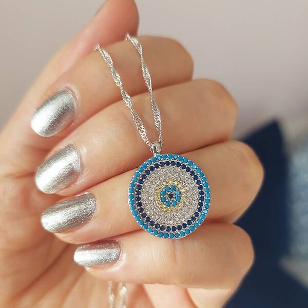 Vaoov 925 Ayar Gümüş Singapur Zincirli Nazar Kolye - 3