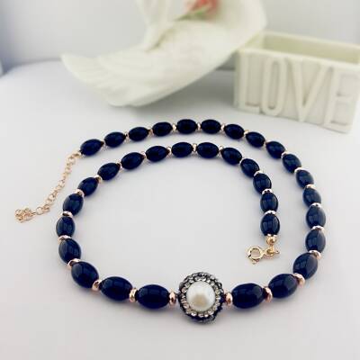 Vaoov 925 Ayar Gümüş Siyah Akik Taşlı İnci Kolye - 3