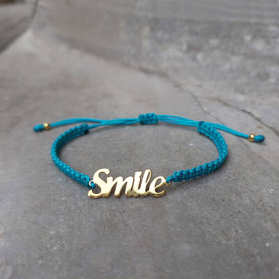 Vaoov 925 Ayar Gümüş Smile Yazılı Turkuaz Makrome Örgü Bileklik - 2