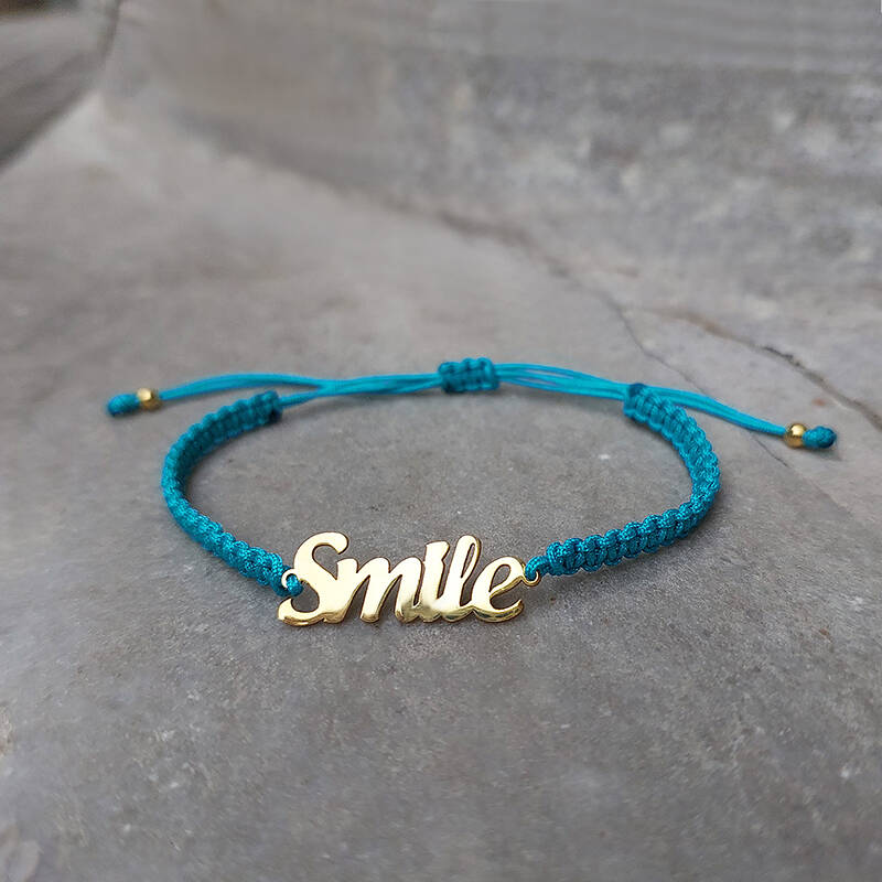 Vaoov 925 Ayar Gümüş Smile Yazılı Turkuaz Makrome Örgü Bileklik - 2