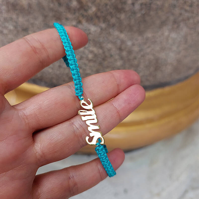 Vaoov 925 Ayar Gümüş Smile Yazılı Turkuaz Makrome Örgü Bileklik - 3