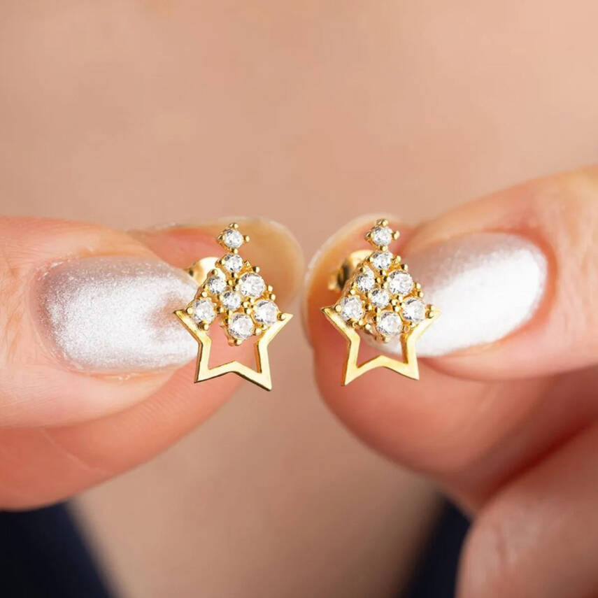 Vaoov 925 Ayar Gümüş Süzülen Taşlı Yıldız Küpe - 1