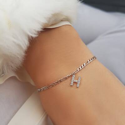 Vaoov 925 Ayar Gümüş Taşlı Harf Bileklik - 3