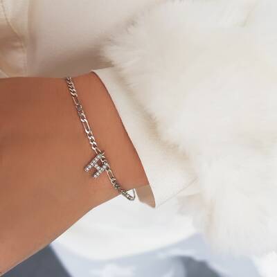 Vaoov 925 Ayar Gümüş Taşlı Harf Bileklik - 6