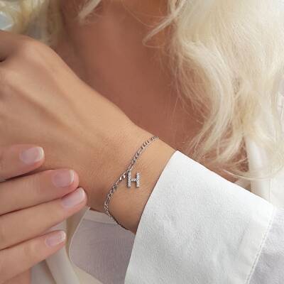 Vaoov 925 Ayar Gümüş Taşlı Harf Bileklik - 7