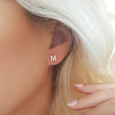 Vaoov 925 Ayar Gümüş Taşlı Harf Küpe  - 3