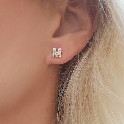 Vaoov 925 Ayar Gümüş Taşlı Harf Küpe  - 4