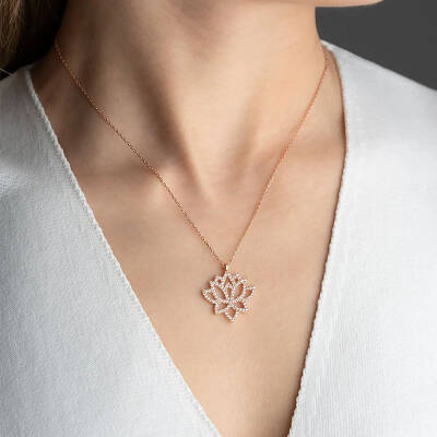 Vaoov 925 Ayar Gümüş Taşlı Lotus Çiçeği Kolye - 3